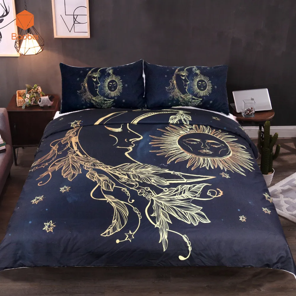 3Pcs Bedding Sets Golden Sun Moon Quilt Duvet Cover set Pillowcase