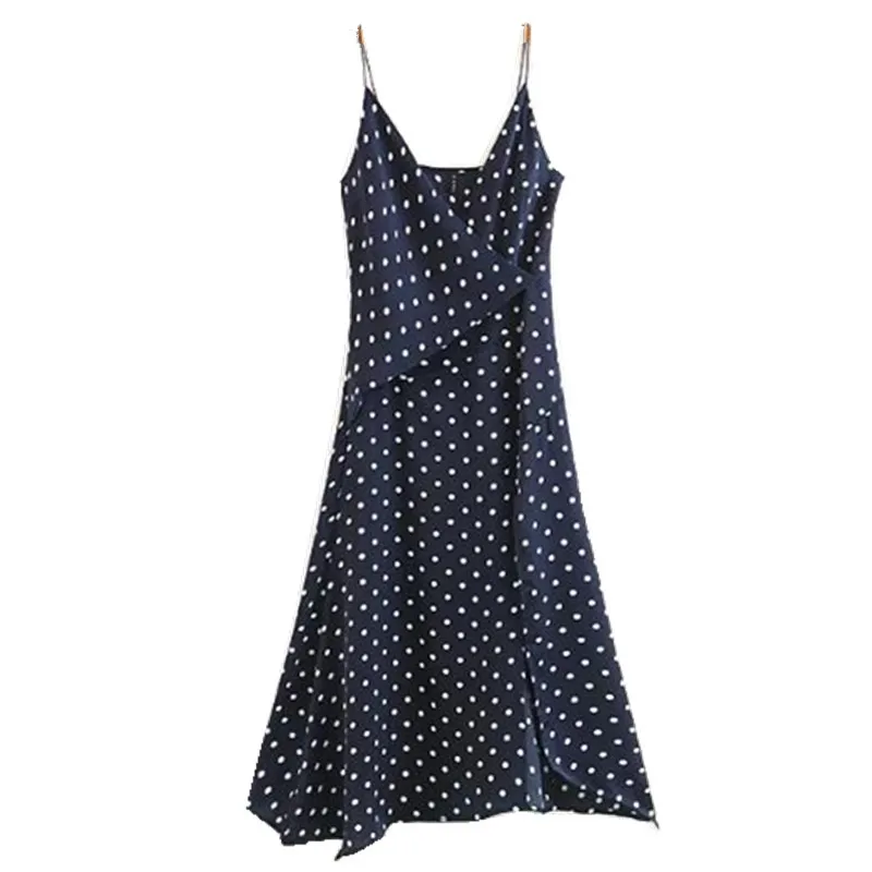 Sexy Deep V neck Polka Dot print Spaghetti Strap Dress Vintage Woman