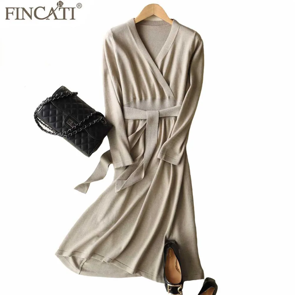 

Dress Women 2018 Spring Autumn Cashmere Blending V Neck Fitted Waist with Belt Casual Long Midi Dress Vestidos de Festa