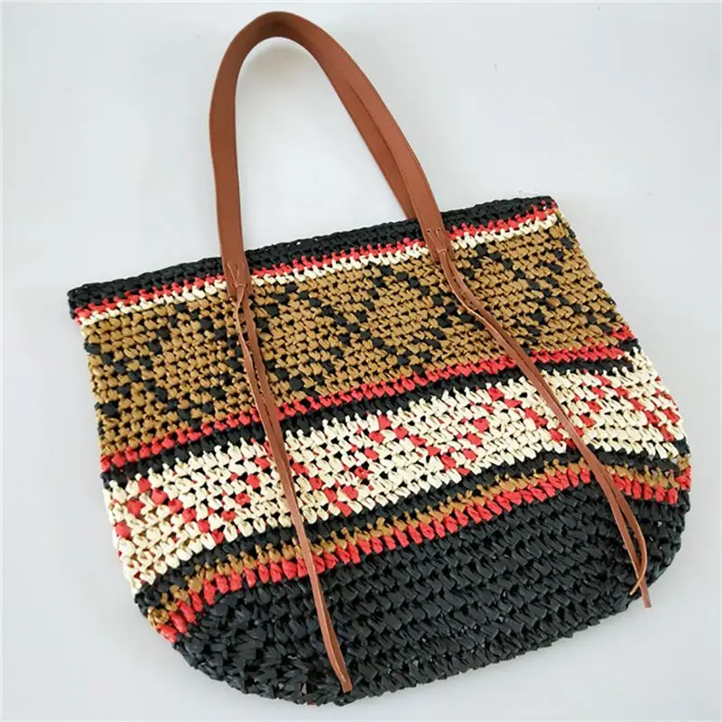 

Geometric Pattern Straw Beach Bag Travel Vacation Shoulder Bag Fashion Handbag Handmade Woven Totes High Capacity Bags For