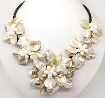 

fine jewelry Beautiful Hot sale new StyleStunning Multicolor Freshwater Pearl Sea Shell Flower Leather Necklace free shipping