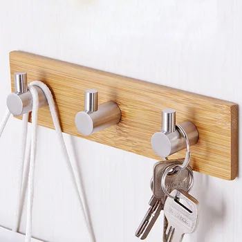 

Bamboo Wood Stainless Steel Stick Holder Hook For Kitchen Wall Door Hanger Key Bag Hanging Storage