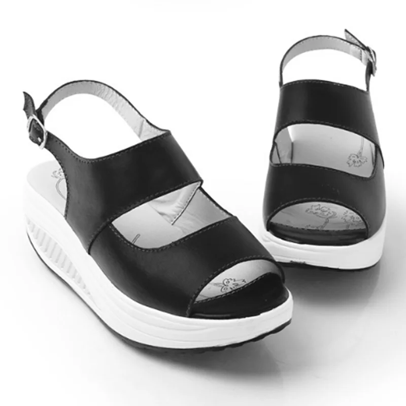 Для женщин туфли на Покатой подошве Модные женские летние босоножки на толстой танкетке на низком подъеме головы кожаные сандалии женская обувь