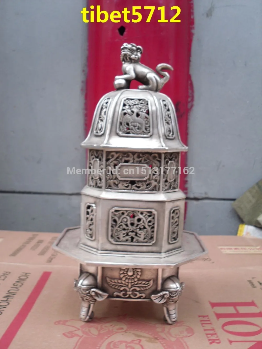 

Tibetan Buddhist bronze coated silver elephant with foo dog censer burner Incens Bronze Finish Buddha Healing Statue