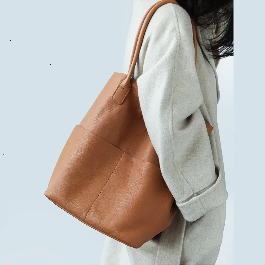 Мягкая натуральная кожа, женские сумки через плечо, модная Большая вместительная сумка-мешок, женские сумки, высокое качество, женская сумка для покупок - Цвет: caramel colour