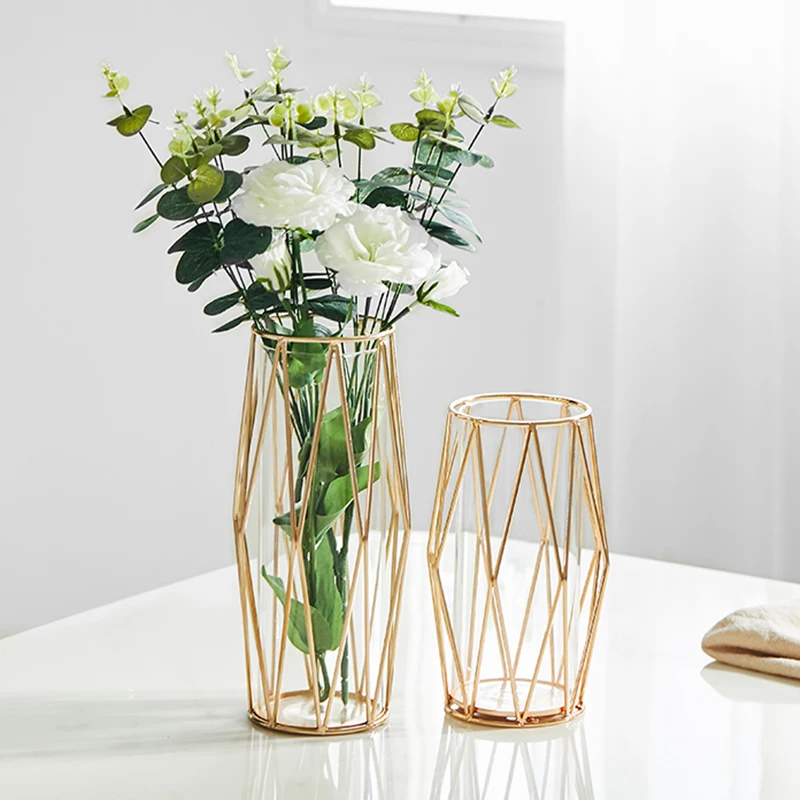 

Affordable Lluxury Diamond Shape Rose Gold Stainless steel Glass Flower Vase Home Wedding Decoration Tool For Plant Livingroom