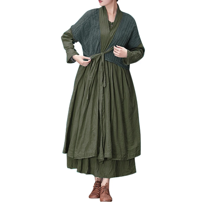 

ZANZEA Spring Women V Neck Long Sleeve Open Front Long Cardigan Solid Cotton Linen Lace Up Patchwork Loose Retro Coat Vestido