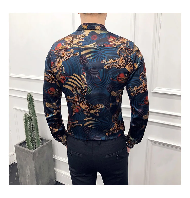 Мужская рубашка с принтом животных, Chemise HommeSlim Fit, рубашка с длинными рукавами, Camisa Masculina, синяя, для мужчин, для клуба, для выпускного,, весна