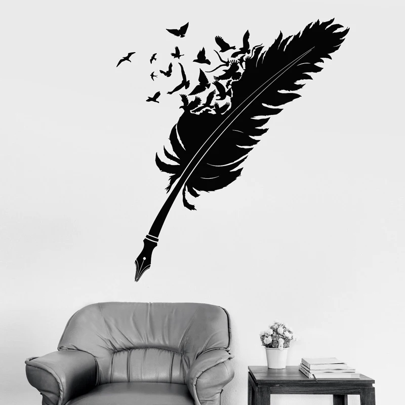 

Vinyl Wall Sticker Writing Pen Feather Birds Ravens Writer DIY Home Decoration Living room Bedroom Study Art Murals JG2749