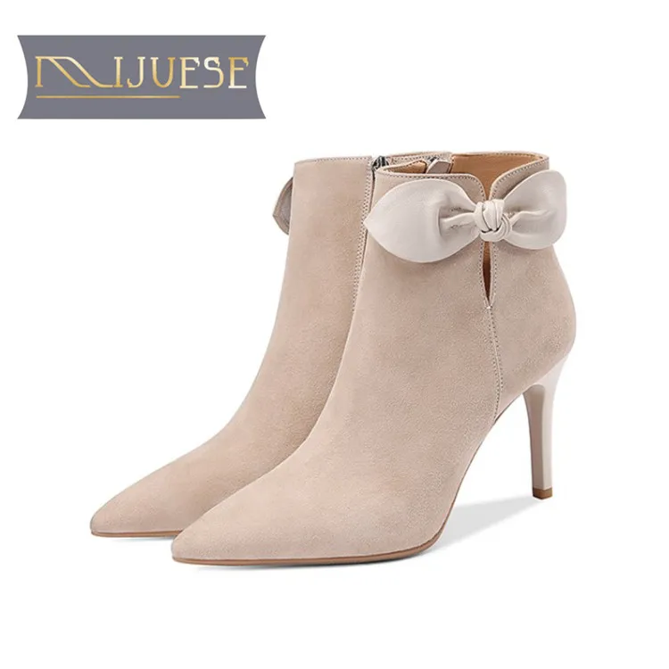 

MLJUESE 2019 women ankle boots Kid Suede beige color bow-tied winter fur warm boots thin heel high heels women boots party dress