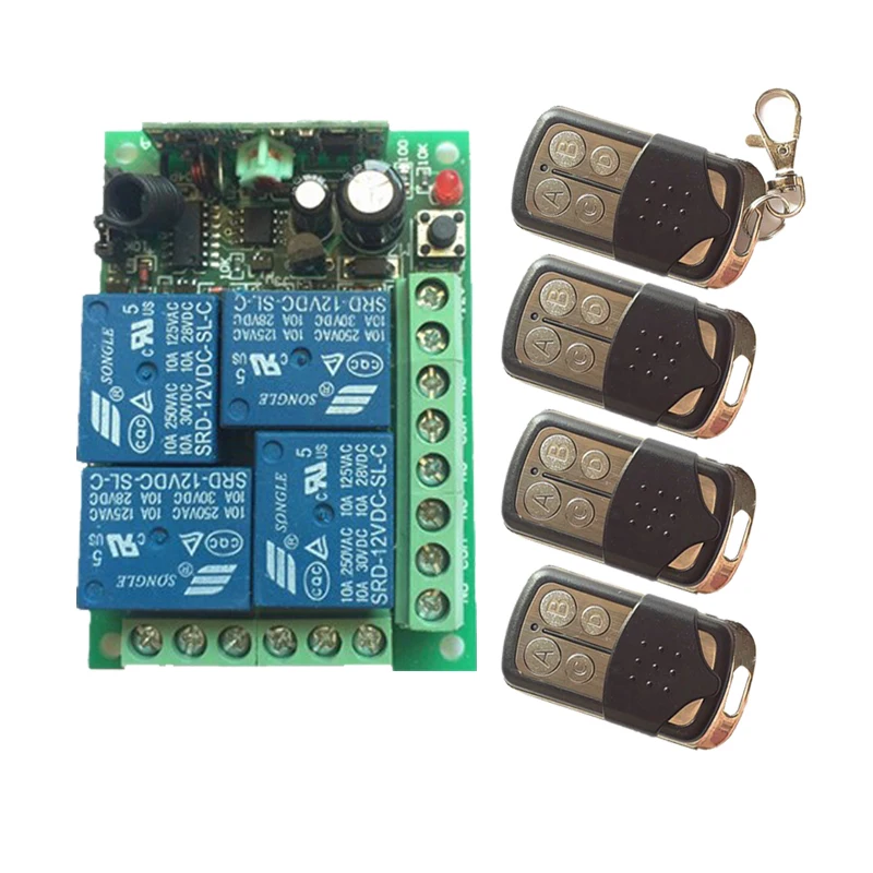 

12V 4CH 1 Receiver & 4Transmitter Wireless remote control switch Working way is adjustable 100M for garage door / window /lamp