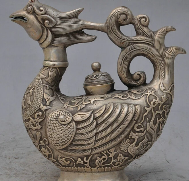 

S3382 Chinese Palace Silver Dragon Phoenix Redpoll Head Statue Teapot Wine Pot Flagon D0317