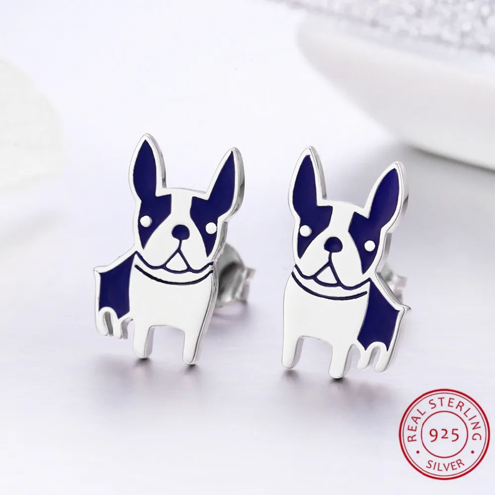 

100% 925 Sterling Silver CZ Stud Earrings For Women Jewelry Cute French Bulldog Earrings Piercing Silver Jewelry