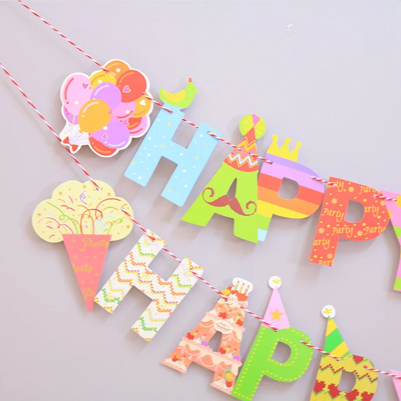 

Children Birthday Background Wall Bronzing Fish Tail Flag Happy Birthday Party letter Decoration Banner Pull Flag