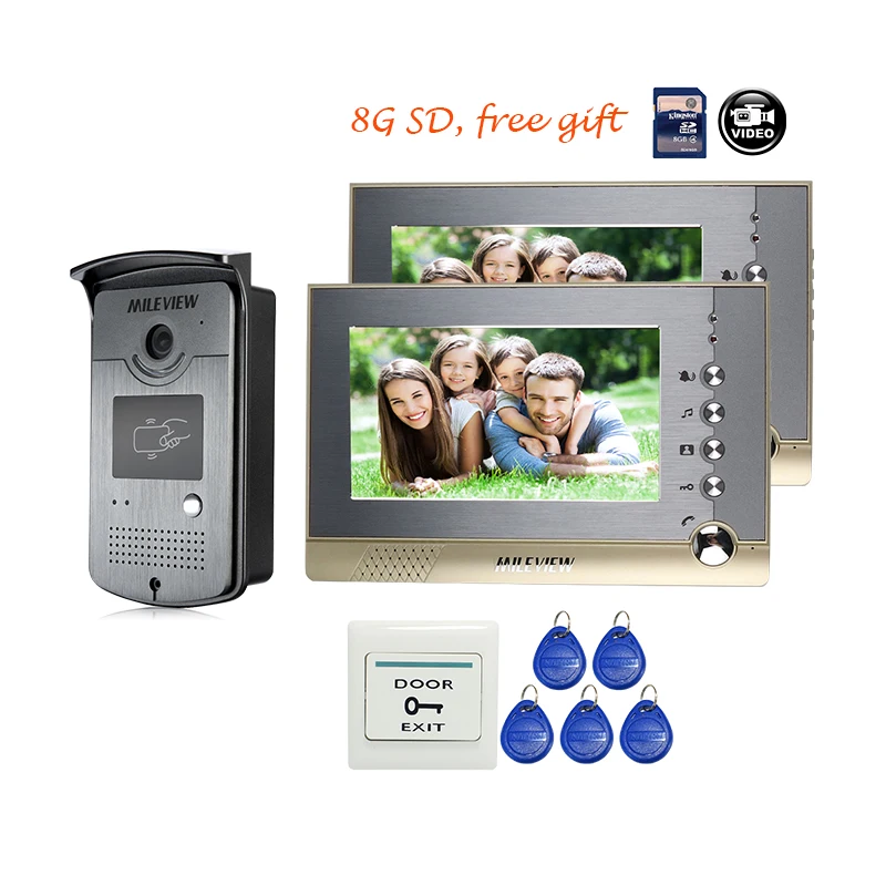 

Free Shipping Wired 7" Color Video Door Phone Intercom System 2 Recording Monitor + 1 Waterproof RFID Access Door Camera + 8G SD