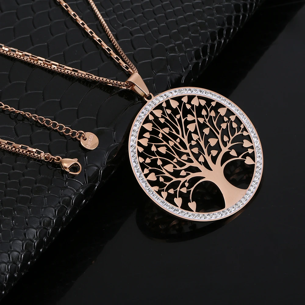 Gold Tree Of Life Big Round Pendant Necklace With Rhinestone Geometry Stainless Steel Long Necklaces for Women Jewelry New