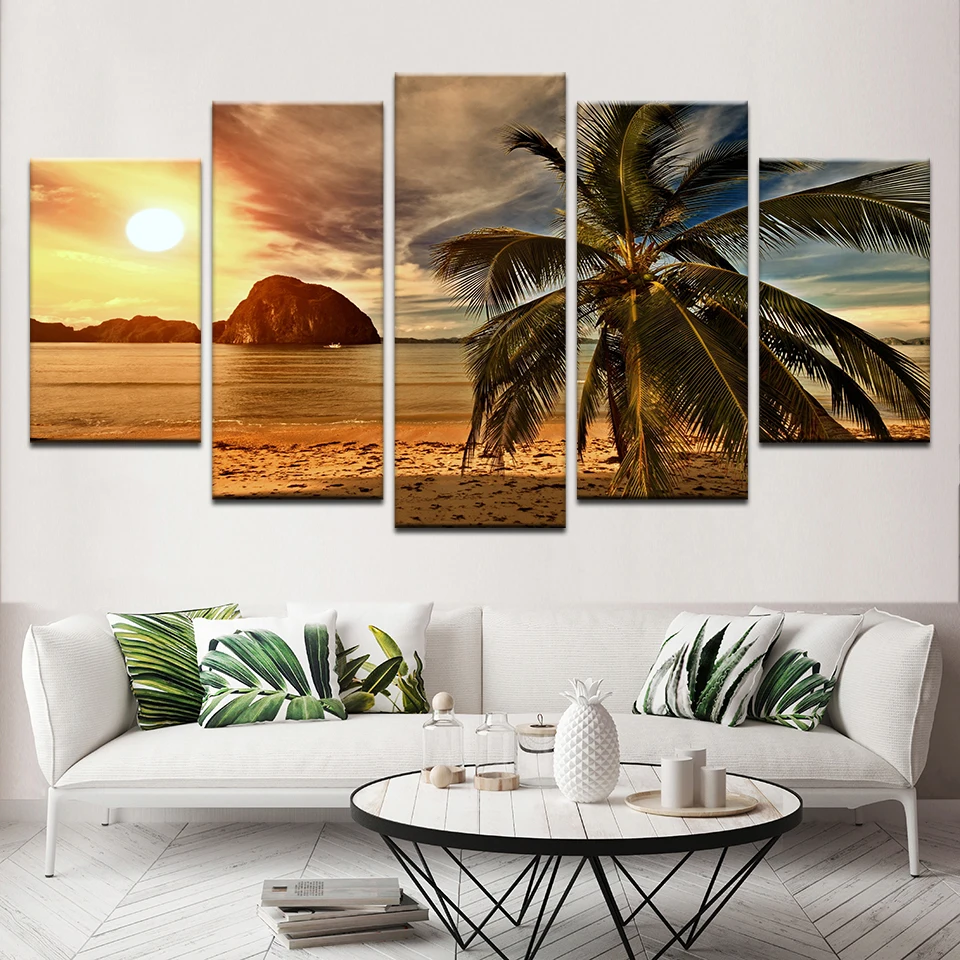 Home Decor HD печать плакатов фото 5 шт. тропический пляж Пальмы Закат Морской пейзаж