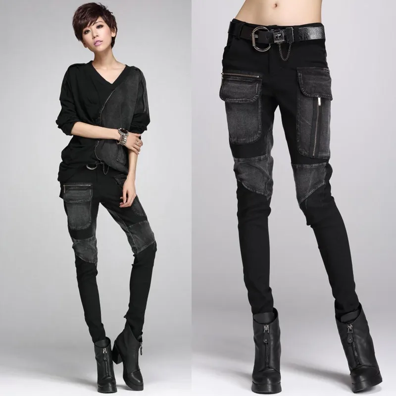 

Spring Women High Street Black Jeans Trousers Female Personality Baggy Large Pockets Zipper Stitching Harem Pants Pencil Pants