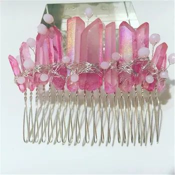 

Exquisite Aura Quartz Crystal Crown Natural Raw Matte Rainbow Stone Opal Angel Aura Sliver Comb Bridal Hair Accessories