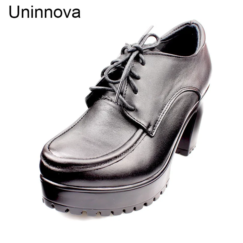 Plate Salto Chaussures forme Rétro Travail Stable Uninnova Fendu Confortable Bureau Rond Alto Femmes Pompes En De Hauts Noir Cuir Bout Talons Wp135 rrwq8dT
