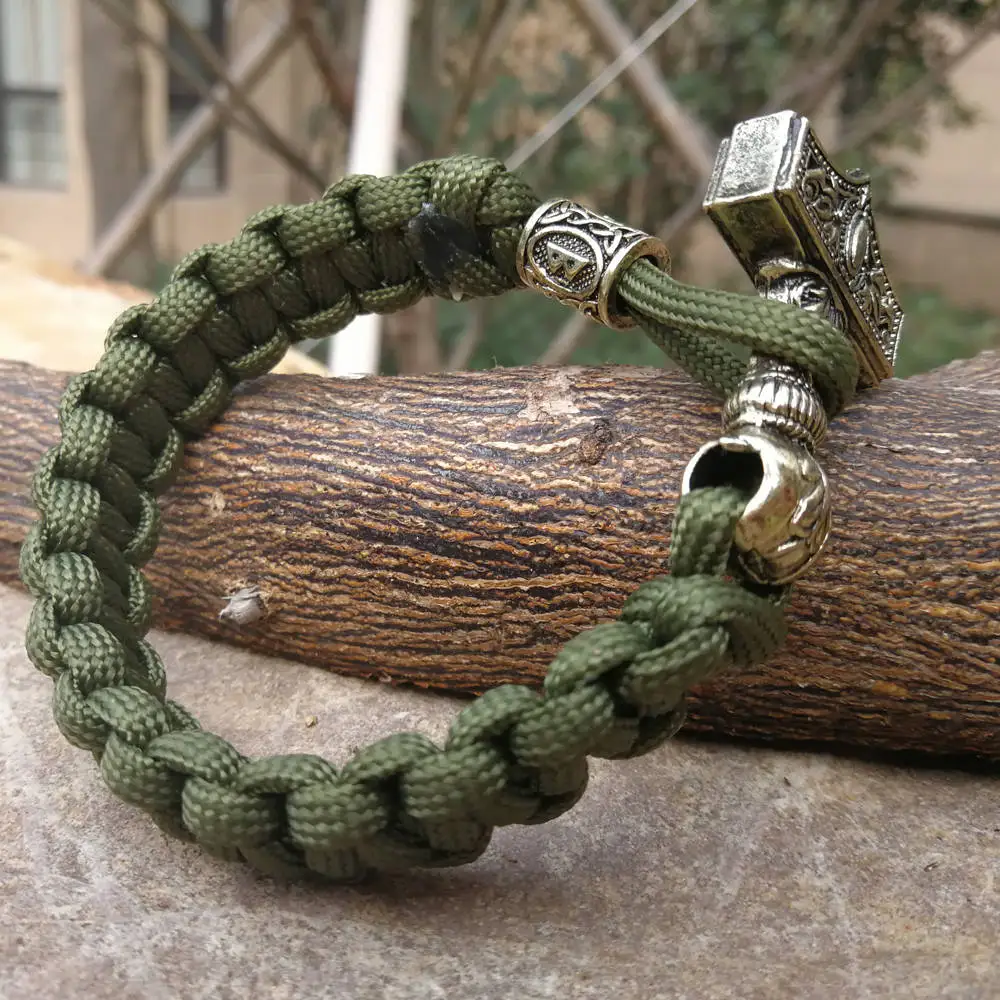 الأخضر الداكن سوار paracord نورس فايكنغ الرونية الخرز مزين سوار الرجال أساور ثور مطرقة حبل أساور للرجال مجوهرات