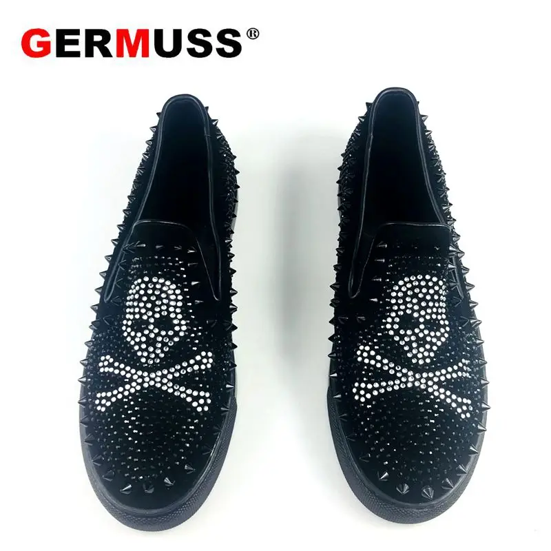 Newest Men brand designer rivet Men designer silver skull Diamond Rhinestones Spikes fashion Causal Flats Loafers shoes zapatos