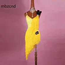 Новое платье для латинских танцев женские костюмы для соревнований на заказ тренировочные юбки блестящие Кристальные желтые толстые отделанный бахромой латинский платья