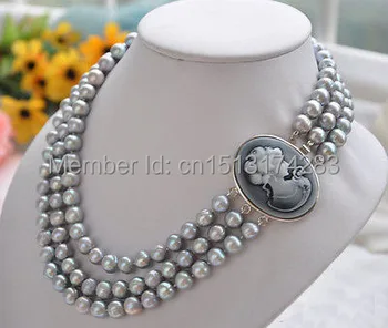 

FREE SHIPPING>>> 3row17-19" 10mm GRAY ROUND FRESHWATER PEARL NECKLACE