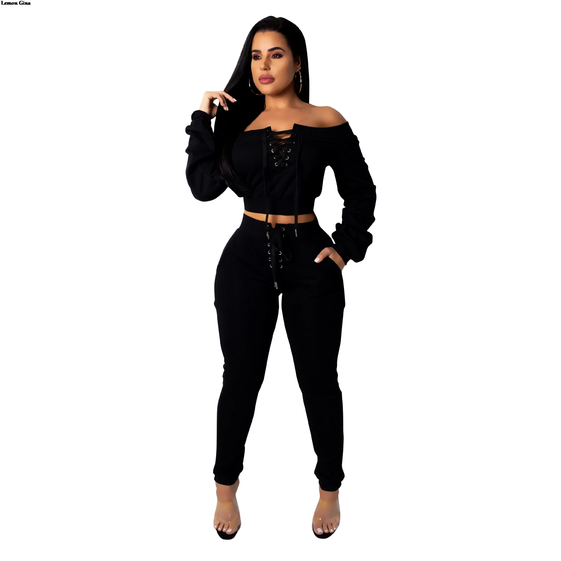 

Lemon Gina off shoulder lace up slash neck long sleeve short top pencil long pants 2pcs women's sets tracksuits 3color LGCM302