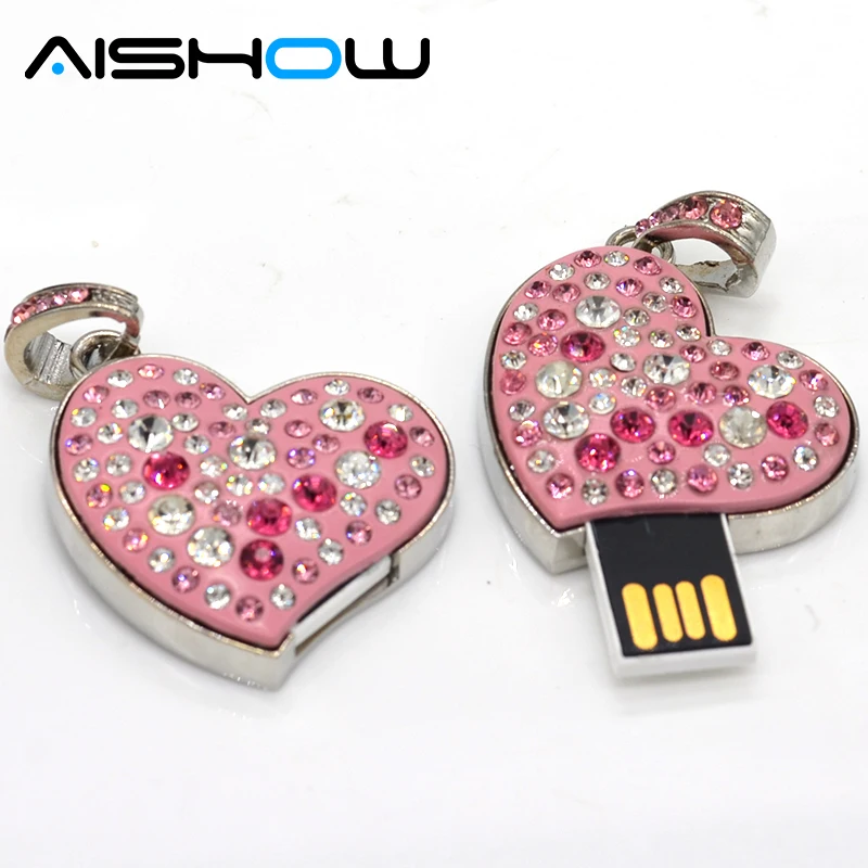 

Diamond crystal heart USB Flash drive 4GB/8GB/16GB/32GB Love heart Necklace Pen Drive Jewelry Metal USB pendrive Gift U Disk