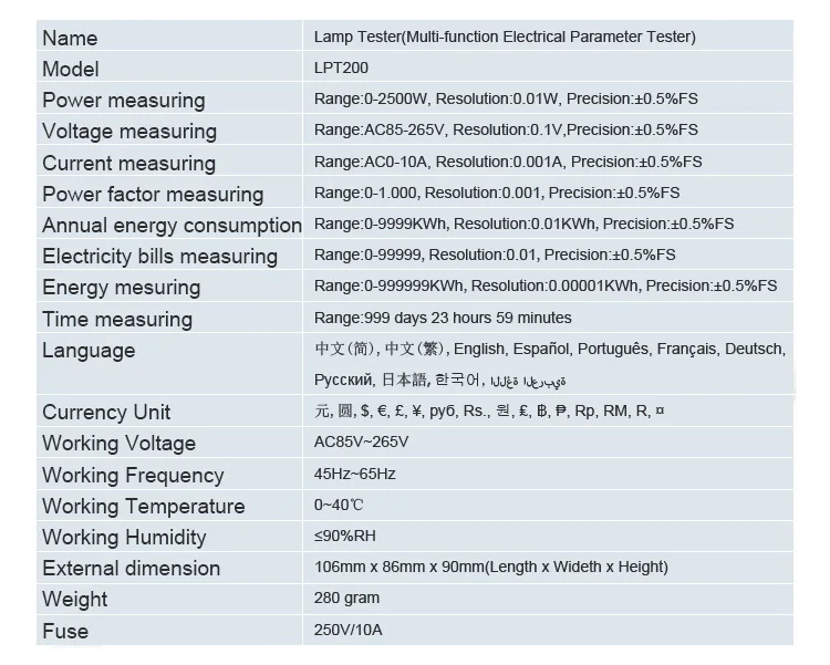 LPT200 AC мощность ватт разъем измерителя, энергетический монитор Цифровой измеритель электрических параметров, кВтч метр анализатор мощности 11 языков 16 валют