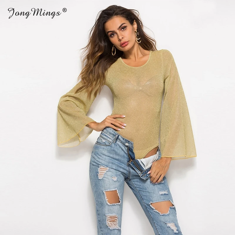 

Sexy O Neck Bling Bodysuits Women Elastic Flare Long Sleeve Tops Fashion Female Autumn Winter Playsuit Basic Women Jumpsuits