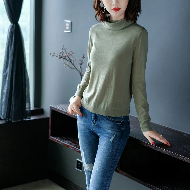 Solid elastic knit turtleneck pullovers basic sweater 2018 new long sleeve women autumn loose sweater shirts