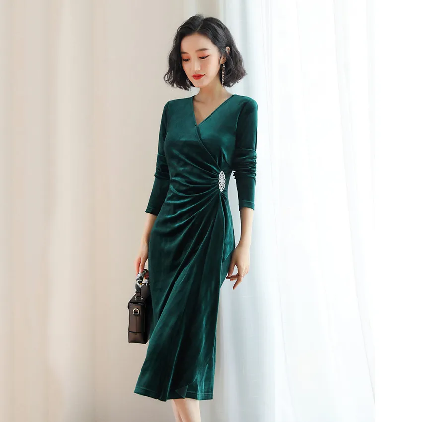 2019 Spring Green Velvet Dress For Women Evening Party Dresses Vin