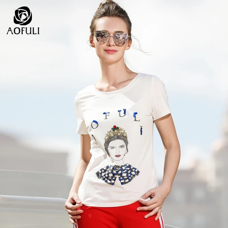 

AOFULI L/XL/2XL Summer Cotton T-short For Women Sequined Queen Pattern Short Sleeves Tops White Modal Tees A3520