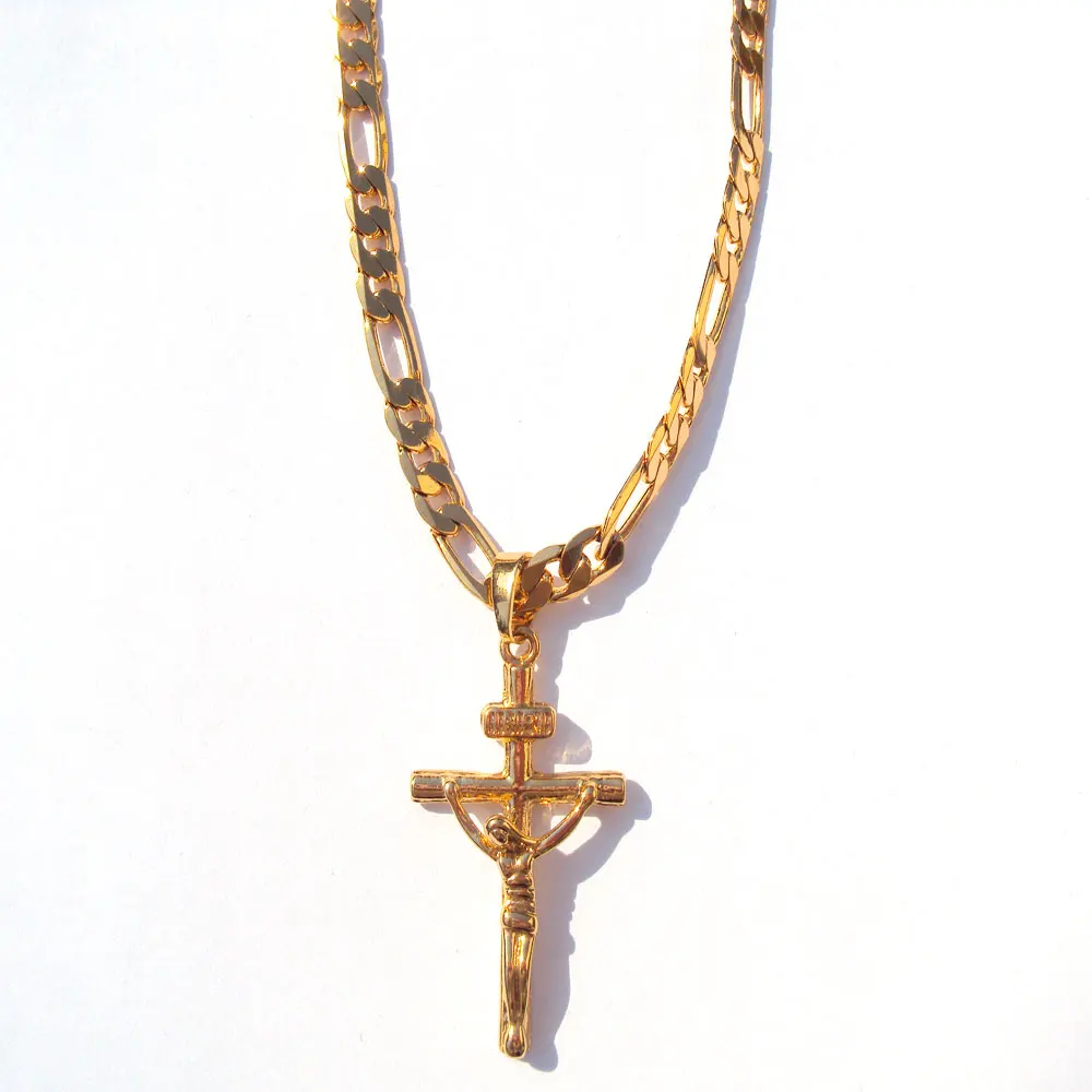 

24k Solid Gold GF 6mm Italian Figaro Link Chain Necklace 24" Womens Mens Jesus Crucifix Cross Pendant