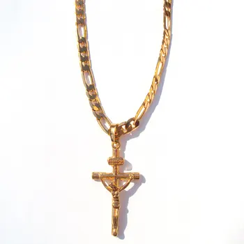 

24k Solid Gold GF 6mm Italian Figaro Link Chain Necklace 24" Womens Mens Jesus Crucifix Cross Pendant