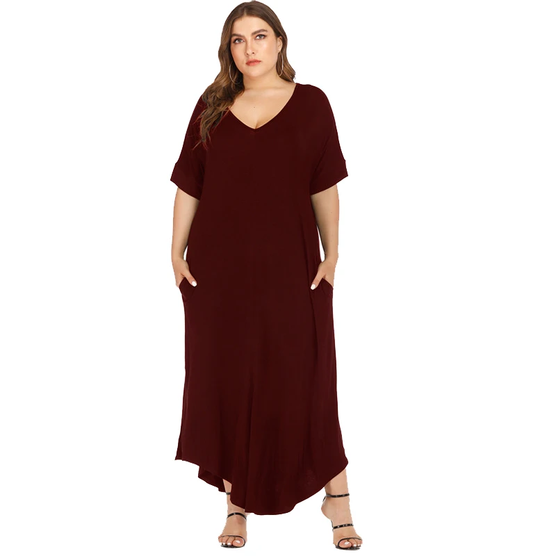 HAOLA Women's Casual Loose Pocket Long Dress Short Sleeve Plus Size Slit Maxi Dress
