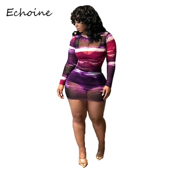 

Echoine High Elasticity Sheer Mesh Dress O-neck Long Sleeve See Through Dresses Woman Party Night Vestidos