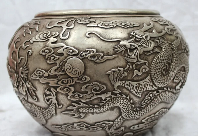 

JP S0524 Marked Chinese Silver Dragons Statue Pot Jar Pitcher Jug Incense Burner Censer (B0413)