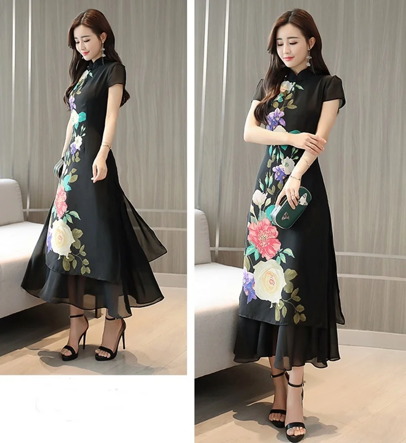 Летние платья черные Китайские Восточные платья Cheongsam Qipao в цветочек японский модные кимоно Ao Dai вьетнамское платье AA4456