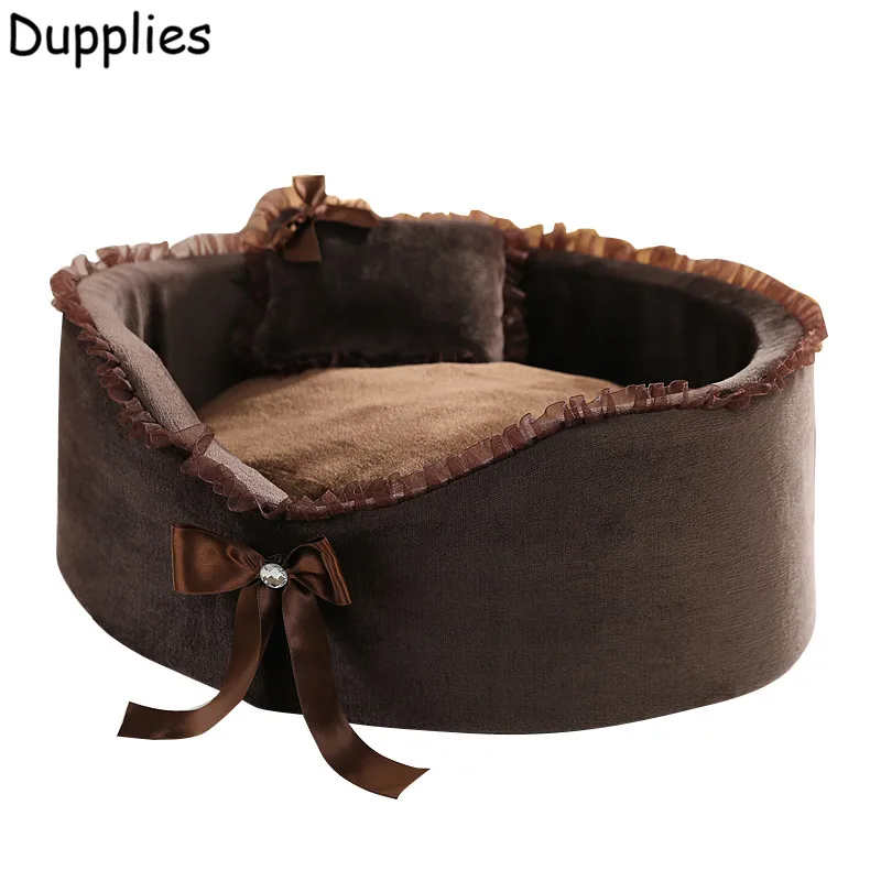 Dupplies Pet Kennel Circular Dog House Lace Bow Pet Nest Cat Dog Beds
