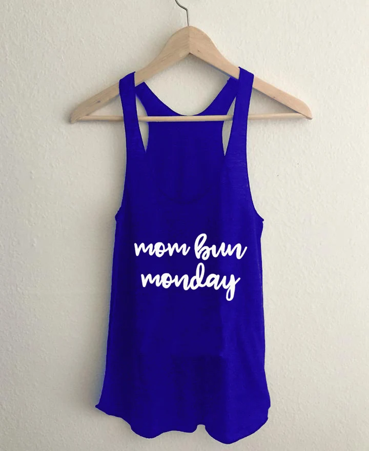Жилет Mom Bun Monday, забавный топ на бретелях с печатным рисунком, летняя хлопковая забавная Повседневная футболка без рукавов, подарок для мамы - Цвет: blue-white text
