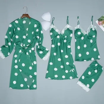 

White Womans 4PC Pajamas Strap Top Pants Suit Sleepwear Sets Spring Home Wear Nightwear Sexy Kimono Robe Bath Gown Bathrobe