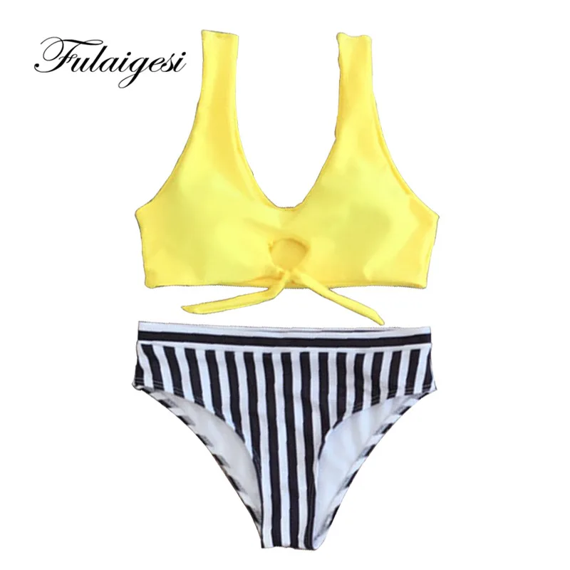 

Fulaigesi Shoulder striped Bikini women solid top swimsuit sexy bow Tie swimwear retro swimming suit bathing suit beach tankini