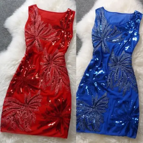 

Hirigin Elegant Women Party Evening Club Gown Sleeveless Sequined Short O-Neck Sleeveless Dresses