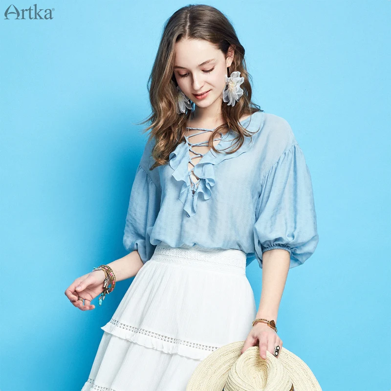 

ARTKA 2019 Spring Summer Women Blouse Solid Color Vintage Lantern Sleeve Fresh Fashion Shirt Female Loose Tops SA10295X