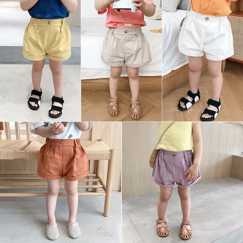 

New Girls Cotton Nail Buckle Shorts Infant Baby Clothes Kids Loose Leisure Trousers Solid Color Children Girl Crimping Shorts