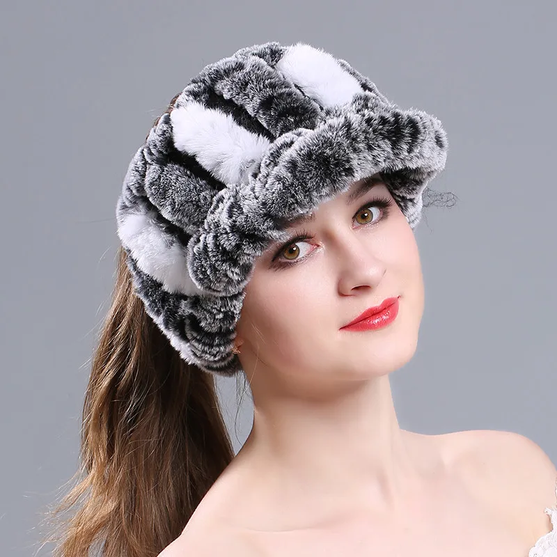 02 Женские вязаные шапки, шерстяные шапочки, женская зимняя шапка из натурального меха кролика Рекс, меховая шапка для девочек, шапка из натурального меха кролика, элегантная шляпа - Цвет: 02