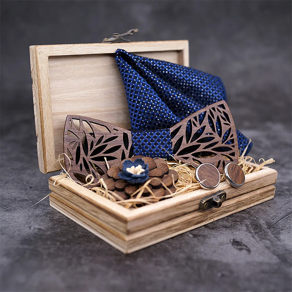 Wooden Bow Tie Handkerchief Set Men's Plaid Bowtie Wood Hollow carved cut out Floral design And Box Novelty ties Bowtie